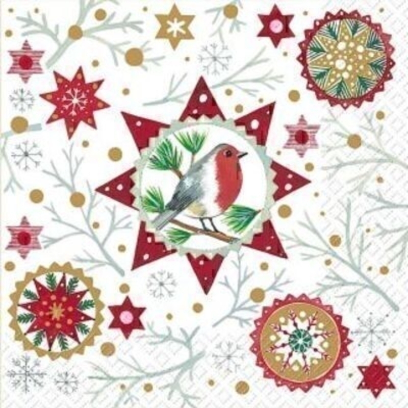 Wonderful festive red robin Christmas napkins by Swiss designer Stewo featuring a snowflake and star design. 6 napkins in a pack. 3-ply. Size: 33x33cm. Environmentally friendly cellulose printed with water-based inks.